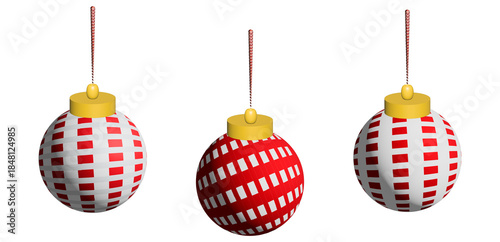 Three shiny red christmas baubles, one plain, one ribbed, and one striped, isolated on transparent background