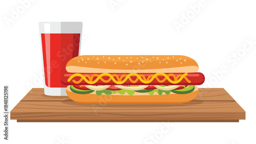 Delicious hot dog with mustard, onion, pickles, and a glass of red beverage served on a wooden surface.