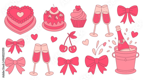 Valentine's Day Celebration Icons Set with Cakes, Champagne, and Bows