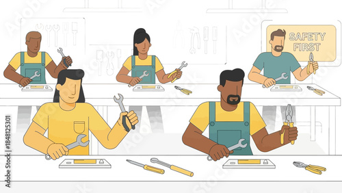 diverse team of skilled workers engaged in collaborative mechanical workshop training session