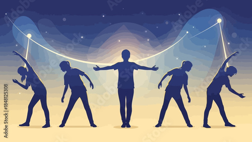 Dynamic silhouette sequence of a man and women dancing under a starry night sky with energetic