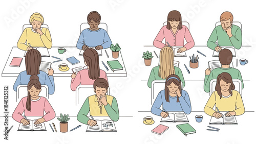 diverse group of students engaged in classroom learning with books and notes during study session