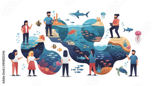 Educational Illustration Depicting Aquatic Life with Human Interaction in a Cross-Section of Ocean