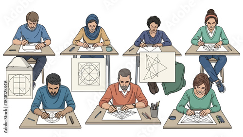 diverse group of students engaging in creative drawing activities during an art class or workshop