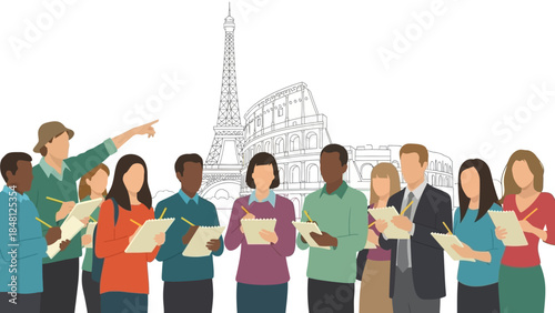 diverse group of tourists exploring famous world monuments with guide showcasing cultural landmarks