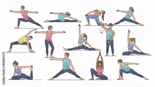 Diverse yoga poses demonstrating flexibility and balance in a stylized illustration