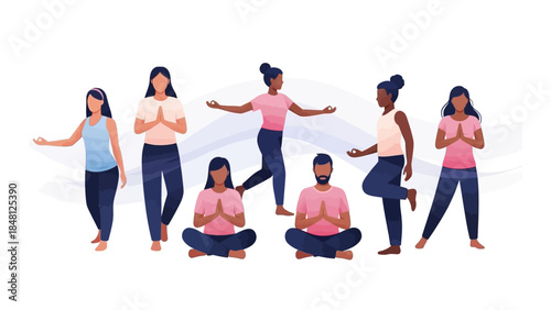 Diverse group of women and men practicing meditation and yoga in a calm setting