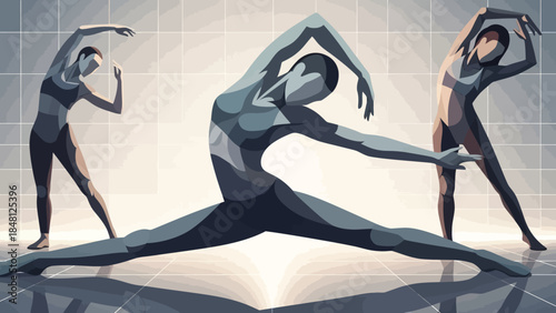 dynamic ballet dancers performing in contemporary dance routine with graceful stretching and