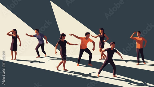 dynamic group of diverse young people engaging in energetic dance and expressive movement on stage