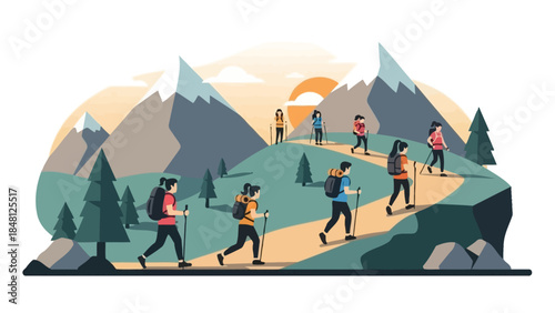 dynamic group of hikers ascending mountain trail during sunrise in scenic alpine landscape