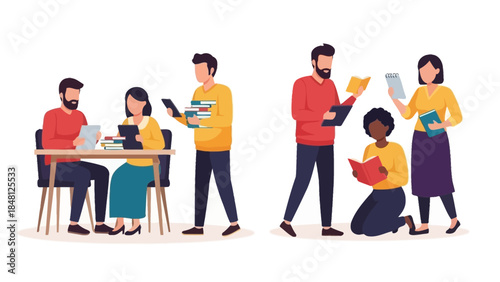 Diverse group of young people engaging with digital devices and reading books in a collaborative