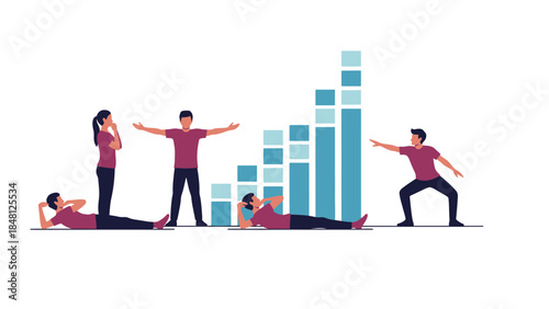 Dynamic Group of People Engaged in Team Exercise with Bar Chart Illustration