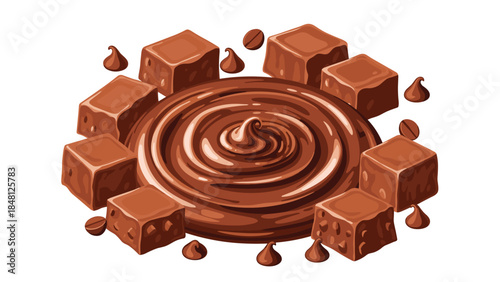 Delicious chocolate swirl with cubed treats and coffee beans creates a tempting dessert arrangement for sweet tooths.