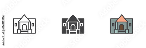 Museum building line, solid and colorful icon set pack