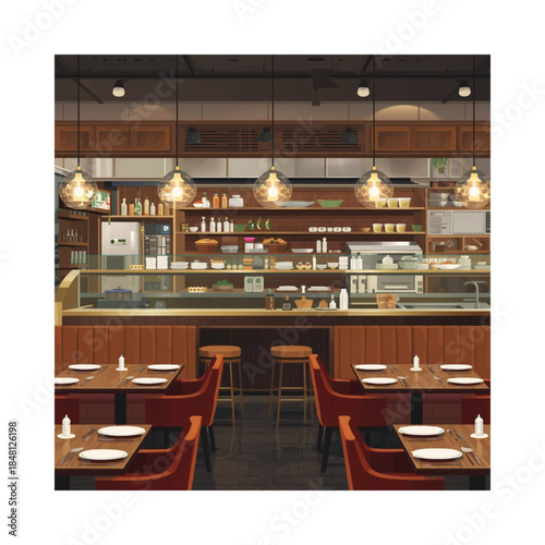 Cozy restaurant interior with dining tables and kitchen counter