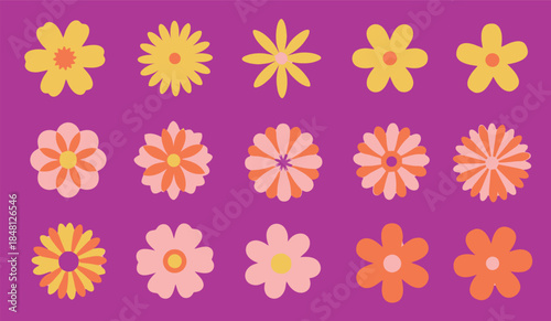 Vibrant digital illustration of 12 colorful flowers on purple background