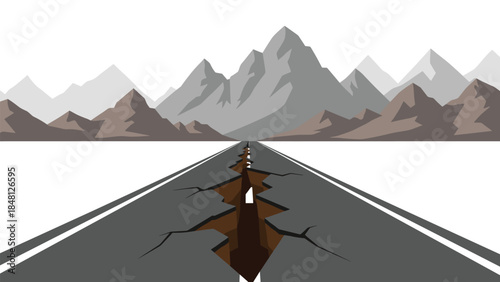 A cracked asphalt road stretches towards a dramatic mountain range under a clear sky, symbolizing challenge and journey.