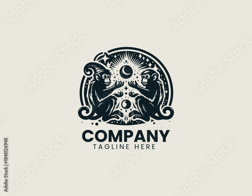 Magic monkeys bring playful fantasy charm to a friendly black vector logo illustration