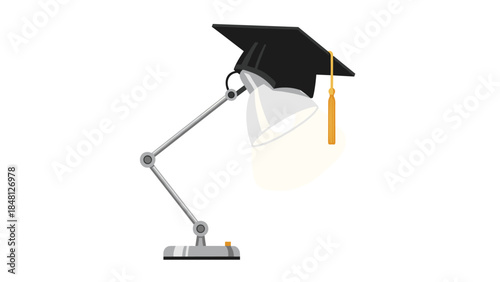 A graduation cap rests atop a lit desk lamp symbolizing knowledge, learning, and academic achievement.