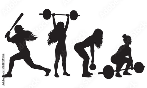 Female Athletes Silhouette Set featuring Weightlifting, Softball, and Kettlebell Training