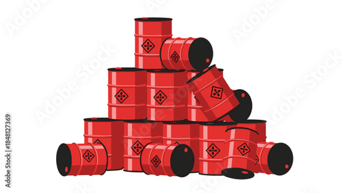 A precarious stack of red barrels labeled with biohazard symbols suggests environmental contamination and potential danger.