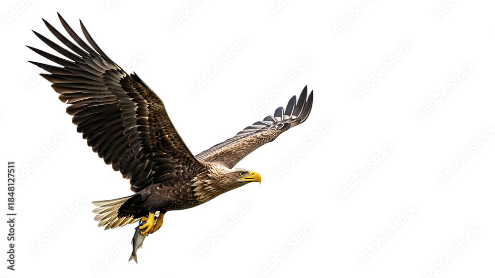 Fototapeta premium Eagle, flying with fish in talons, cutout, PNG isolated on transparent background