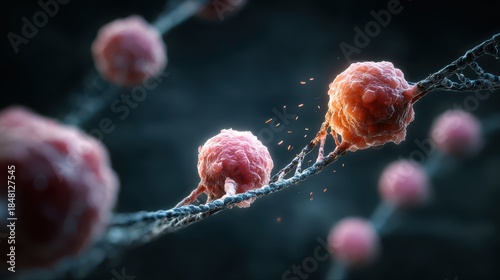 Close-Up Visualization of Cells Interacting with DNA Structure in an Abstract Biological Conceptual Illustration
