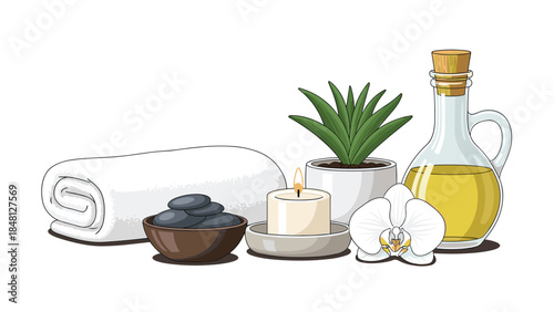 Relaxing spa arrangement with rolled towel, hot stones, candle, succulent, oil bottle, and orchid blossom creates a serene atmosphere.