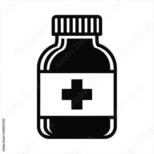 A black and white icon of a medicine bottle with a cross on the label