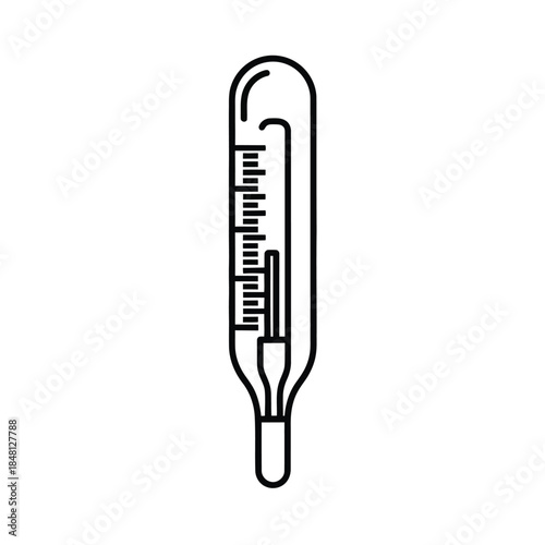 A black and white line drawing of a thermometer with a rounded bulb and numerical scale