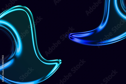 Glowing blue neon shapes on dark background with abstract curves and lines