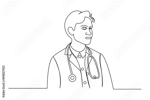 One line drawing of a doctor wearing a stethoscope looking aside