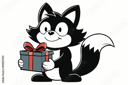 Cheerful cartoon skunk with a fluffy tail holds a present box tied with a red ribbon