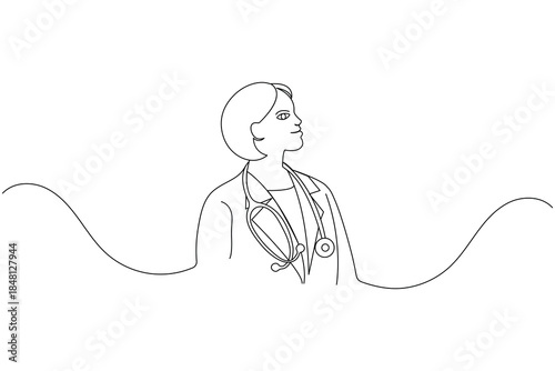 One line drawing of a doctor wearing a stethoscope looking aside