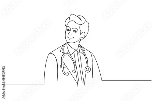 One line drawing of a doctor wearing a stethoscope looking aside