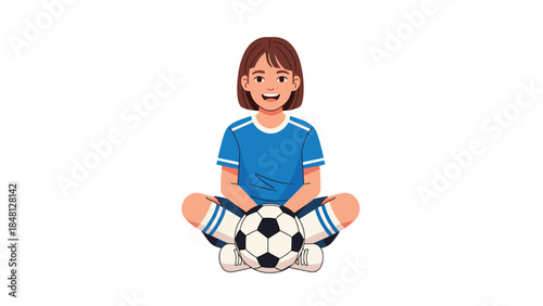 Young female soccer player sits cross-legged with a soccer ball, smiling confidently and showcasing her sporty attire.