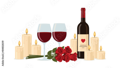 Romantic dinner setup with red wine, roses, and lit candles creates a cozy and intimate atmosphere for a special occasion.