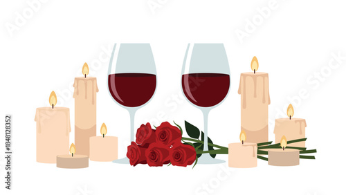 Romantic dinner setup with red wine, roses, and lit candles creates a cozy and intimate atmosphere for a special occasion.