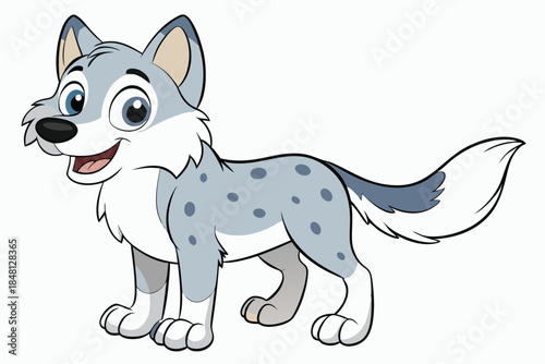 Animated spotted wolf shows bright smile, standing cheerfully on the plain background