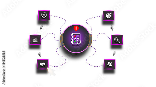 Centralized project management workflow with connected task icons and warning symbol isolated on transparent background