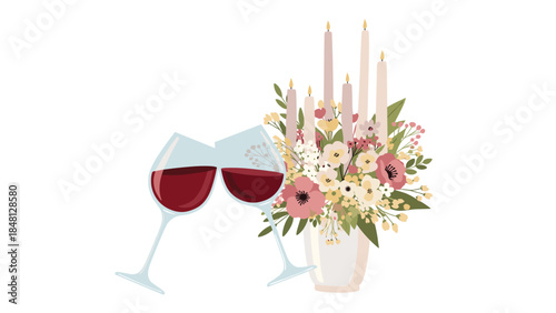 Elegant arrangement of red wine glasses, delicate flowers, and glowing candles creates a romantic and celebratory atmosphere.