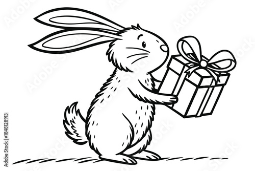 Adorable bunny cheerfully carries a carefully wrapped present outlined against a clean white backdrop