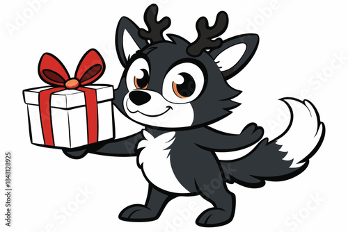 Adorable cartoon wolf with antlers smiles, holding a white present box tied with red ribbon