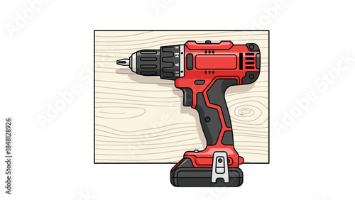 A red and black cordless drill is shown actively drilling into a light brown wooden plank, illustrating home improvement.