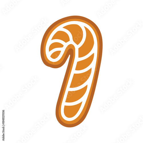 Traditional holiday biscuit with white sugar icing stripes. Baked gingerbread candy cane isolated on white background for Christmas sweet treat decoration.