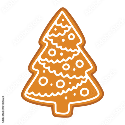 Festive fir tree biscuit isolated on white. Baked gingerbread spruce with wavy garland glaze decoration for winter holiday season.