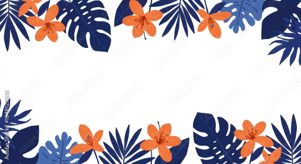 Fototapeta premium Vibrant tropical floral frame with vivid orange blooms and various blue palm leaves creating a natural border