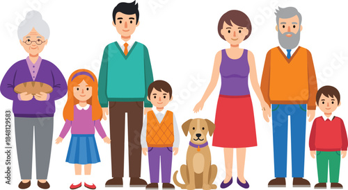 Big happy multi-generational family standing together with grandparents parents children and dog, vector illustration isolated on white background.