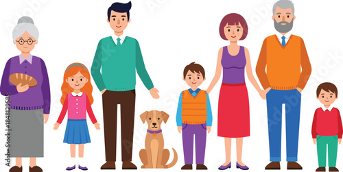 Big happy multi-generational family group standing together with grandparents parents children and dog, flat vector illustration isolated on white background.