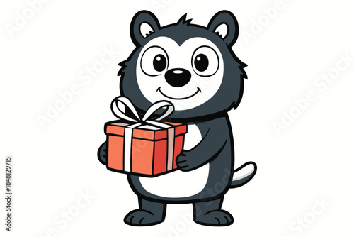 Cheerful cartoon otter happily holds an orange wrapped gift with a white ribbon